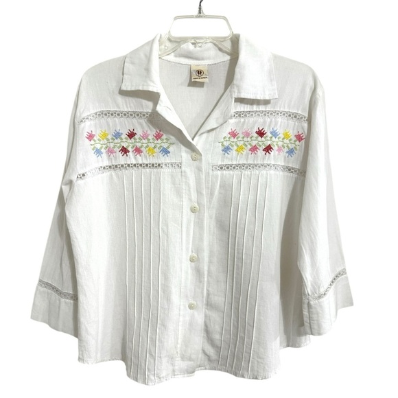 Hand Embroidered Mexican Manta Cotton Blouse Shirt Top Wmn’s Size M L White Boho - Picture 9 of 9